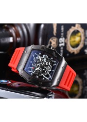 2022 Richard Men's High Quality Diamond Quartz Watch Hollow Glass Back Stainless Steel Case Black Rubber Watch