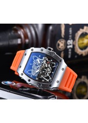 2022 Richard Men's High Quality Diamond Quartz Watch Hollow Glass Back Stainless Steel Case Black Rubber Watch