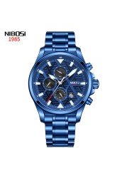 NIBOSI Mens Watches Top Brand Sports Waterproof Stainless Steel Blue Quartz Watch Men Military Wristwatch Relogio Masculino