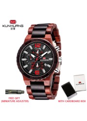 KUNHUANG Top Luxury Wooden Watches Men Sport Chrono Quartz Watches Men Date Luminous Wooden Watch Man Relogio Masculino