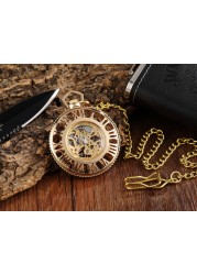 Gold Retro Hand Wind Mechanical Luxury Steampunk Pocket Watch Hollow Watches Roman Numerals Clock With Fob Chain Reloj Hombre