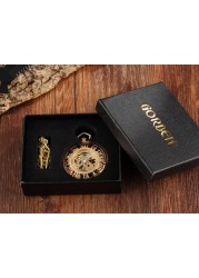 Gold Retro Hand Wind Mechanical Luxury Steampunk Pocket Watch Hollow Watches Roman Numerals Clock With Fob Chain Reloj Hombre