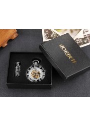 Gold Retro Hand Wind Mechanical Luxury Steampunk Pocket Watch Hollow Watches Roman Numerals Clock With Fob Chain Reloj Hombre