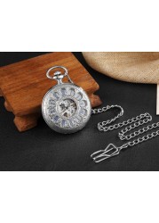 Gold Retro Hand Wind Mechanical Luxury Steampunk Pocket Watch Hollow Watches Roman Numerals Clock With Fob Chain Reloj Hombre