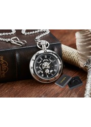 Retro Hand Wind Mechanical Luxury Steampunk Pocket Watch Hollow Silver Watches Roman Numerals Clock With Fob Chain Reloj Hombre