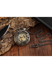 اليد الرياح الميكانيكية الفاخرة ساعة جيب Steampunk الجوف الرجال الساعات الأرقام الرومانية على مدار الساعة مع سلسلة فوب مع صندوق Reloj Hombre