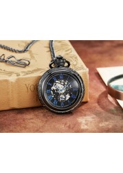 اليد الرياح الميكانيكية الفاخرة ساعة جيب Steampunk الجوف الرجال الساعات الأرقام الرومانية على مدار الساعة مع سلسلة فوب مع صندوق Reloj Hombre