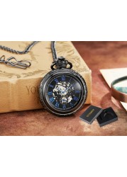 اليد الرياح الميكانيكية الفاخرة ساعة جيب Steampunk الجوف الرجال الساعات الأرقام الرومانية على مدار الساعة مع سلسلة فوب مع صندوق Reloj Hombre