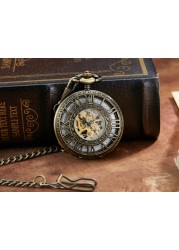 Luxury Black Pocket Watch Vintage Hand Wind Mechanical Steampunk Men Watches Roman Numerals Clock With Fob Chain Reloj Hombre