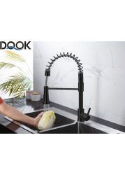 DQOK Matte Black Kitchen Faucet Deck Mounted Mixer Tap 360 Degree Rotation Stream Sprayer Nozzle Kitchen Sink Hot Cold Taps