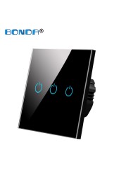 BONDA Touch Wall Switch 220V EU Standard Tempered Glass Crystal Power Panel 1/2/3 Gang 1 Way Light Sensor Switch Waterproof