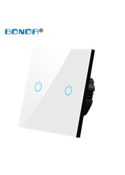 BONDA Touch Wall Switch 220V EU Standard Tempered Glass Crystal Power Panel 1/2/3 Gang 1 Way Light Sensor Switch Waterproof