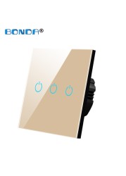 BONDA Touch Wall Switch 220V EU Standard Tempered Glass Crystal Power Panel 1/2/3 Gang 1 Way Light Sensor Switch Waterproof