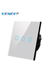 BONDA Touch Wall Switch 220V EU Standard Tempered Glass Crystal Power Panel 1/2/3 Gang 1 Way Light Sensor Switch Waterproof