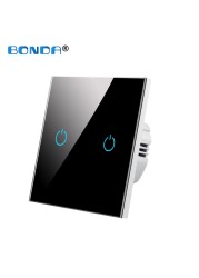 BONDA Touch Wall Switch 220V EU Standard Tempered Glass Crystal Power Panel 1/2/3 Gang 1 Way Light Sensor Switch Waterproof