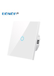 BONDA Touch Wall Switch 220V EU Standard Tempered Glass Crystal Power Panel 1/2/3 Gang 1 Way Light Sensor Switch Waterproof