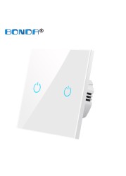 BONDA Touch Wall Switch 220V EU Standard Tempered Glass Crystal Power Panel 1/2/3 Gang 1 Way Light Sensor Switch Waterproof