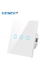 BONDA Touch Wall Switch 220V EU Standard Tempered Glass Crystal Power Panel 1/2/3 Gang 1 Way Light Sensor Switch Waterproof