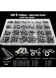 Total 400/650/1140/2100X M1.6 M2 M2.5 M3 M4 M5 304 Stainless Steel Hex Handle Hex Socket Cap Head Screw Bolt Nut Set Assortment Kit