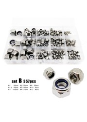 162/357pcs M2 TO M12 DIN985 304 Stainless Steel Hex Knob Nylon Insert Lock Nut Assorted Hex Self-locking Nylock Lock Set