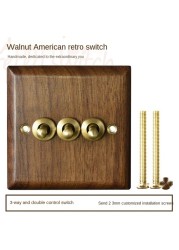 High-grade retro American industrial style light switch socket, solid wood brass toggle switch panel, antique home stay switch