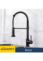 Black Spring Style Kitchen Faucet Deck Mounted 360 Degree Rotation Sink Tap Mixer Hot Cold Pull Down Sprayer Nozzle Faucets