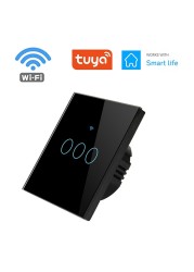 1pc Wall Touch Switch 1/2/3 Gang, EU Type WiFi Smart Glass Panel Switch Tuya App Remote Control, Work with Alexa Google Home