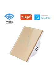 1pc Wall Touch Switch 1/2/3 Gang, EU Type WiFi Smart Glass Panel Switch Tuya App Remote Control, Work with Alexa Google Home