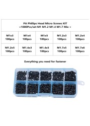 500/1000pcs/set M1 M1.2 M1.4 M1.7 Mix Pa Philips Head Micro Screws Round Head Self Tapping Electronic Small Wood Screws Kit