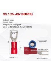 1000pcs SV 1.25 2 3.5-(3 4 5 6) Insulated Wire Terminals Electrical Lug Crimp Terminal 1.5-2.5mm-4mm 16-14 awg