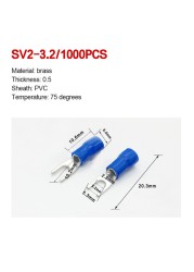 1000pcs SV 1.25 2 3.5-(3 4 5 6) Insulated Wire Terminals Electrical Lug Crimp Terminal 1.5-2.5mm-4mm 16-14 awg