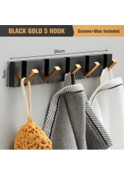TAICUTE Folding Towel Hanger 2 Ways Fitting Wall Hooks Coat Clothes Rack for Bathroom Kitchen Bedroom Hallway, Black Gold