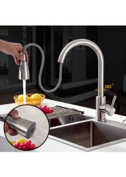 Stainless Steel Pull Out Faucet Hot and Cold Double Tube Rotate Wash Basin Faucet Telescopic Pull Down Kitchen Faucet