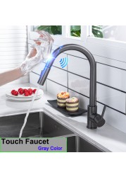 Touch On Kitchen Faucet With Pull Down Sprayer, Touch On Kitchen Sink Stainless Steel Faucet Hot Cold Sensor Kitchen Mixer Tap