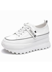 Fujin 5.5cm Genuine Leather Platform Chunky Wedge Shoes Sneaker White Casual Shoes Comfortable Breathable Spring Autumn Shoes