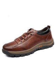 New Men Casual Leather Shoes Hiking Outdoor Breathable Non-slip Hollow Sneakers Men Shoes Zapatos Hombre Casual Mannen Schoenen