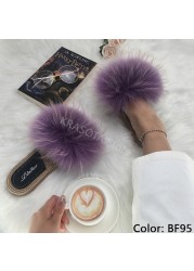 Real Fox Fur Slides Summer Women Faux Espadrilles Slippers Ladies Fluffy Flip Flops Luxury Furry Sandals Shoes 36 37 38 39 40