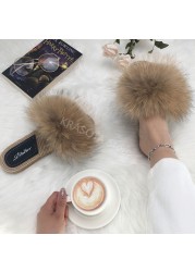 Real Fox Fur Slides Summer Women Faux Espadrilles Slippers Ladies Fluffy Flip Flops Luxury Furry Sandals Shoes 36 37 38 39 40