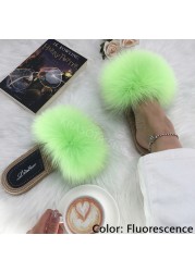 Real Fox Fur Slides Summer Women Faux Espadrilles Slippers Ladies Fluffy Flip Flops Luxury Furry Sandals Shoes 36 37 38 39 40