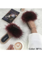 Real Fox Fur Slides Summer Women Faux Espadrilles Slippers Ladies Fluffy Flip Flops Luxury Furry Sandals Shoes 36 37 38 39 40