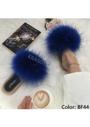 Real Fox Fur Slides Summer Women Faux Espadrilles Slippers Ladies Fluffy Flip Flops Luxury Furry Sandals Shoes 36 37 38 39 40