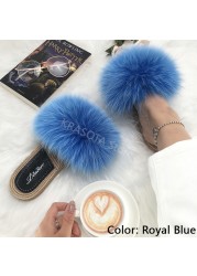 Real Fox Fur Slides Summer Women Faux Espadrilles Slippers Ladies Fluffy Flip Flops Luxury Furry Sandals Shoes 36 37 38 39 40