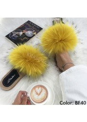 Real Fox Fur Slides Summer Women Faux Espadrilles Slippers Ladies Fluffy Flip Flops Luxury Furry Sandals Shoes 36 37 38 39 40