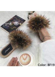 Real Fox Fur Slides Summer Women Faux Espadrilles Slippers Ladies Fluffy Flip Flops Luxury Furry Sandals Shoes 36 37 38 39 40