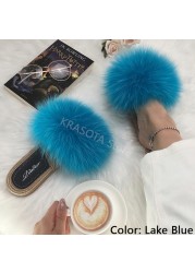 Real Fox Fur Slides Summer Women Faux Espadrilles Slippers Ladies Fluffy Flip Flops Luxury Furry Sandals Shoes 36 37 38 39 40