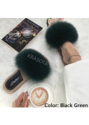 Real Fox Fur Slides Summer Women Faux Espadrilles Slippers Ladies Fluffy Flip Flops Luxury Furry Sandals Shoes 36 37 38 39 40