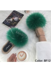 Real Fox Fur Slides Summer Women Faux Espadrilles Slippers Ladies Fluffy Flip Flops Luxury Furry Sandals Shoes 36 37 38 39 40