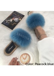 Real Fox Fur Slides Summer Women Faux Espadrilles Slippers Ladies Fluffy Flip Flops Luxury Furry Sandals Shoes 36 37 38 39 40