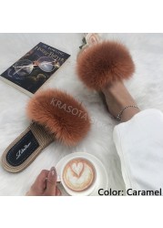 Real Fox Fur Slides Summer Women Faux Espadrilles Slippers Ladies Fluffy Flip Flops Luxury Furry Sandals Shoes 36 37 38 39 40