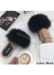 Real Fox Fur Slides Summer Women Faux Espadrilles Slippers Ladies Fluffy Flip Flops Luxury Furry Sandals Shoes 36 37 38 39 40